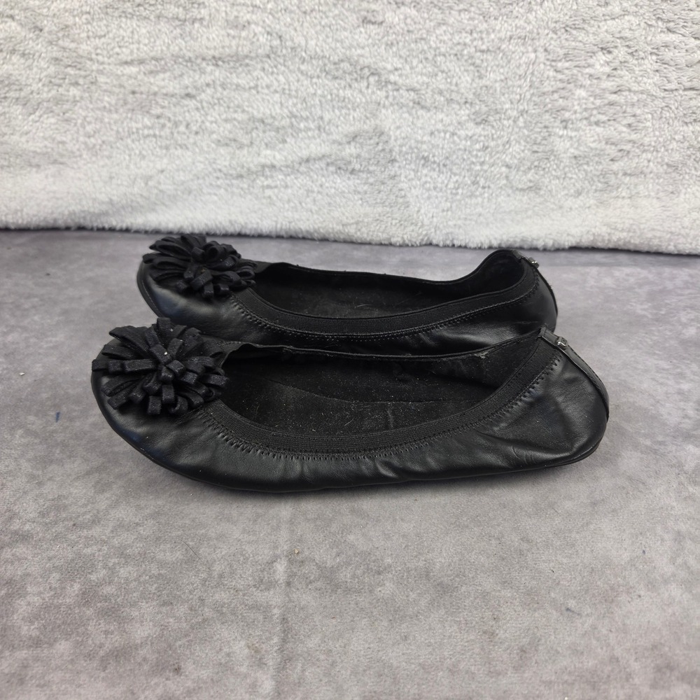 Black Leather Floral Applique Ballet Flats Elastic Collar Round Toe Shoes 10M